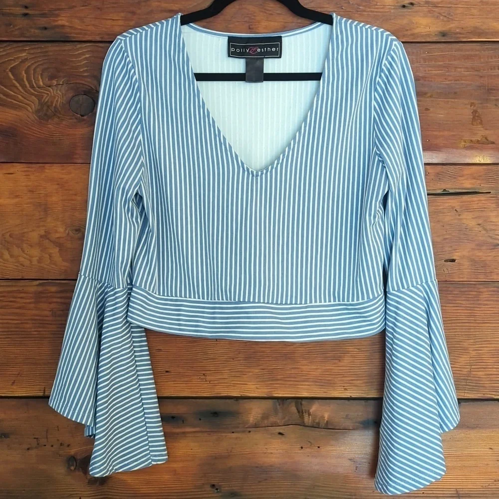 Polly & Esther | Striped Long Bell Sleeve V-neck Crop Top with Back Tie Size XL - Picture 2 of 8